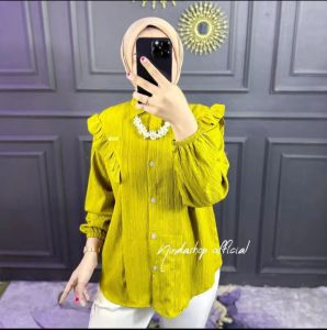 Kemeja Lengan Panjang Cringkle - Blous Wanita Kancing Busui - Baju Muslimah Pastel