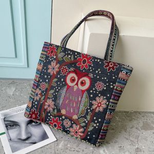 YIDIA Embroidery Ethnic Style Handbag Canvas Large Capacity Owl Canvas Bag Trendy Shoulder Bags Cartoon Shoulder Bag Ladies