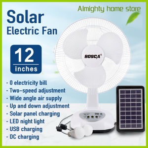 Rechargeable BOSCA 12 Inches Solar Electric Fan Desktop Fan Home Lighting Fan Waterproof Durable Portable Outdoor Indoor With 2 LED Bulbs and Solar Panel