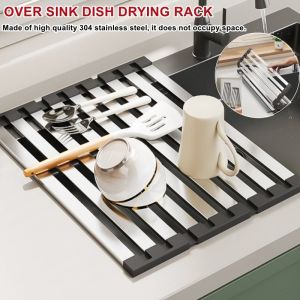 Over Sink Dish Drying Rack Roll Up Dish Drying Rack Kitchen Sink Rack  304 Stainless Steel Sink Drying Rack Foldable Dish Drainer
