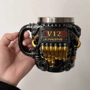 ADDO Double Wall Engine Coffee Mug with Handle Retro V8 Engines Stainless Steel Cup Personalized 300ML Insulation Car Mug Gifts for Men and Boys
