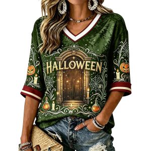 26 Halloween 3D Digital Print Womens V Collared mid-sleeve T Loose-fitting casual womens top