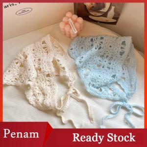 [PAM] Fashion Knitted Headscarf Hat French Pastoral Style Triangle Headband Handmade Crochet Headband Towel Retro Flower Headscarf