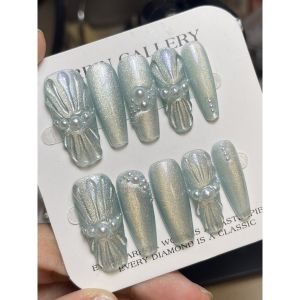 [HANDMADE+Free Glue]Artificial Nail Fluorescent Cats Eye Ocean Star Shell Pearl Phototpy Fake Nail Patch Press on Nails Reusable