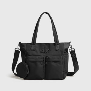 Dual Front Pocket DetachableCoin Pouch Yoga Commute Tote Bag ALO Six Soft Neutral Shades Light Wrinkle Resistant Fabric Woven Reinforced Handle Multi Pocket Office Workout Handbag
