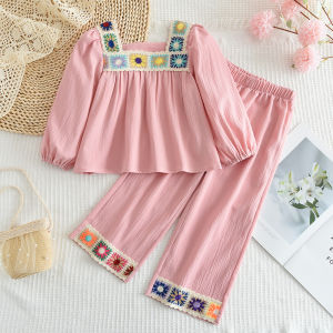 Bear Leader Baby Girls Clothes Fashion Flower Knitted Embroidery Lace Suit Autumn New Long Sleeved Shirt and Pants 2 Pieces Sets Outfits Spring Cute Kids Clothing Outfits