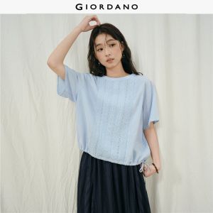 Giordano Women Lace panel drawstring hem short sleeve blouse Free Shipping 18346616