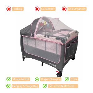 BAONEO 2-in-1 Foldable Rocking Baby Crib with Diaper Changing Station Storage Bag & Full-Coverage Mosquito Net - Versatile Infant Bed & Playpen Co-Sleeper
