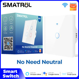 SMATRUL Smart Light Switch NO Neutral Wire Tuya APP 2.4GHz WiFi White 1/2/3/4 gang Tempered Glass Touch Panel Touch Wall Mount Switches Works for Alexa/ Google Home /天猫精灵
