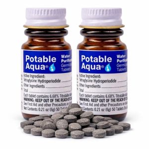 Potable Aqua Water Purification Tablets Portable and Effective Water Purification Solution for Camping Hiking Emergencies Natural Disasters and International Travel Two 50ct Bottles Blue