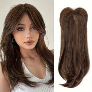 LEKGAVD Straight Layered Hair Topper with Bangs Clip in Ombre Synthetic Hair Toppers Top Hair Bangs Hair Extensions Natural Topper Hairpieces for Women