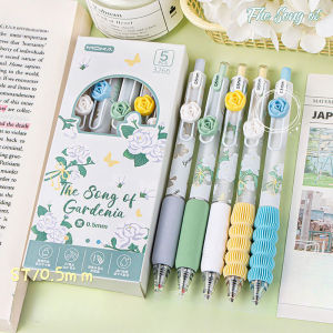5pcs Flower Gel Pen Set Telescopic Press 0.5mm Quick Drying Black Ink Pen Cute Student Stationery