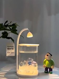 Pet Mini Fish Tank Desktop Creative Ecological Betta Tank Pearl Diamond Landscape Decoration with LED Night Light