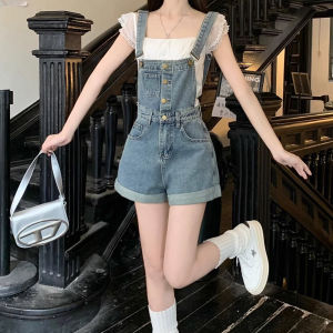 Retro Denim Straps Untuk Wanita Pinggang Tinggi Tub Lurus Jumpsuit Pendek