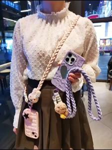 JSJ02B Cute Handmade Braided Phone Lanyard Anti-Loss Adjustable with Adorable Doll Charm Stylish Shoulder Strap for Phone