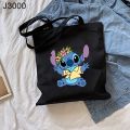 Cute Stitch Printed Canvas Tote Bag Casual Black Shoulder Shopping Handbag. 