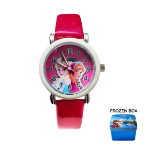 Disney Frozen Girls Ladies Anna and Elsa Analog Quartz Watch with Leather Strap PSFR1206-07b NEON PINK