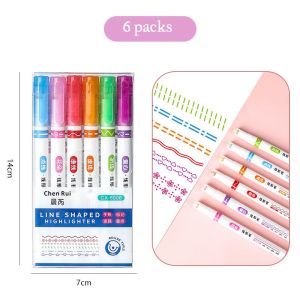 6pcs Ins Creative Curve Flower Shape Dual Purpose Outline Pen Student Quick Dry DIY Handbook Brushes Highlighter Pen Roller Note Number Pen