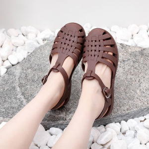 《411》 Womens Closed Toe Sandals 2025 Spring and Summer Roman Sandals Outdoor Breathable Flat Casual Buckle Beach Jelly Sandals
