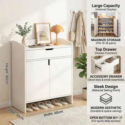Shoe Cabinet With Drawer Wooden Storage 2 Door Shoe Rack
