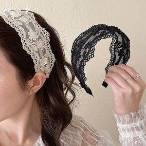CASUALTY FASTEN20EN6 Wide Side French Lace Headband Non Slip Headwear Hollowed-out Flower Hair Hoop Vintage Sweet Hair Accessories For Women Girls