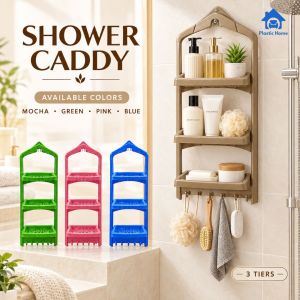 3 Tier Bathroom Shower Caddy 5 Hooks Shampoo Conditioner Soap Toiletries Storage Rack Organizer Multipurpose Home