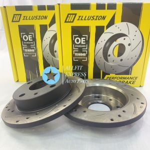 PERODUA VIVA  KELISA  KENARI FRONT (DEPAN) ILLUSION DISC ROTOR SPORT SLOTTED & DRILLED ANTI RUSTING MADE FROM THAILAND 100% QUALITY PERFOMANCE [1SET 2PCS]