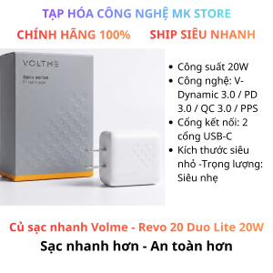 Củ sạc nhanh Volme - Revo 20 Duo Lite 20W | Công suất 20W | Công nghệ: V-Dynamic 3.0 / PD 3.0 / QC 3.0 / PPS | Cổng kết nối: 2 cổng USB-C | Kích thước siêu nhỏ - Trọng lượng: Siêu nhẹ