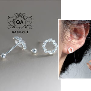 Khuyên tai bạc 925 nụ bạc tròn đính đá chốt bi vặn nữ tối giản S925 CIRCLE QA SILVER Earrings EA240302