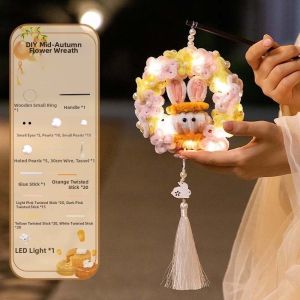 GIORGIONE Luminous Bunny Wreath Lantern Handmade Glowing Rabbit Hoop Lamp Handheld Light Easy-to-Make Chenille Stems Craft Mid-Autumn Festival