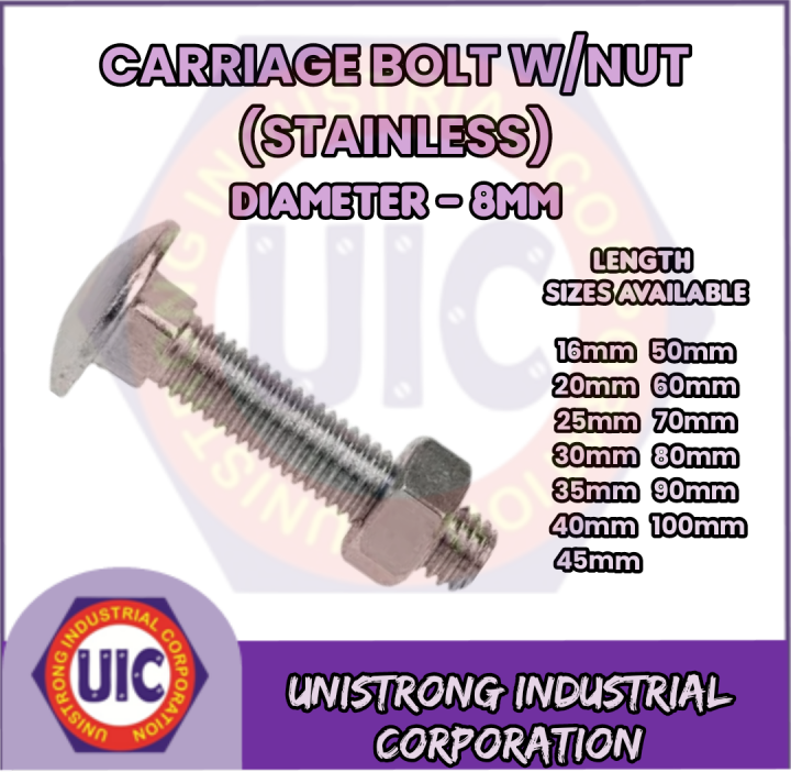 CARRIAGE BOLT WITH NUT (STAINLESS) 8mm 2 SETS Lazada PH