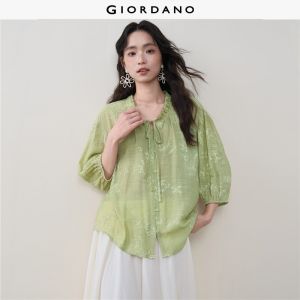 Giordano Women Floral jacquard tie neck 3/4 sleeve blouse Free Shipping 18346309