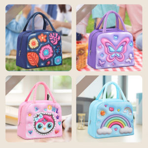 LYM 3D Cartoon Childrens Lunch Bag Thermal Insulation Aluminum Foil Waterproof Oxford Cloth Bento Bag Portable Picnic Tote Bag