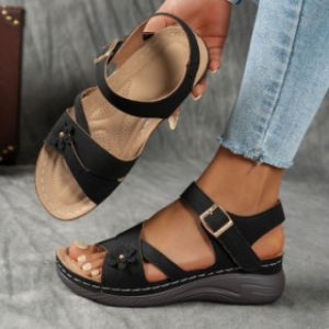 [Free Shipping] Plus-Size Retro Floral Platform Sandals With Velcro Straps Wedge Heels Non-Slip Soles Lightweight Design Comfortable For Everyday Wear And Outings