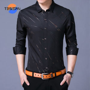 Mens Long-sleeved Shirt Middle-aged Ice Silk Shirt Casual Loose Striped Plaid Long-sleeved Shirt Korean Business Non-ironing