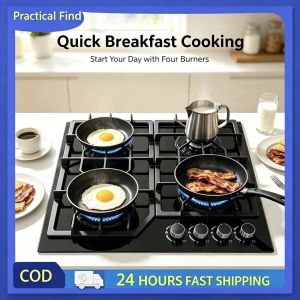 4 Burners Black Tempered Glass Gas Cooktop Heavy Duty Cast Iron Support LPG Compatible Easy To Clean Built-in Kitchen Gas Stove