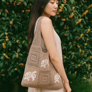 INAPO Large Capacity Crochet Tote Bag Turtle Embroidered Hollow Woven Bag Solid Color Korean Style Knitting Handbag Female