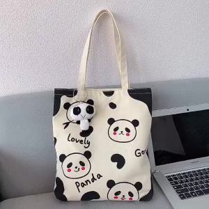 [ShopFascinant] Canvas shoulder bag Cute Panda Student tote bag with zipper Japanese Korean Style Double-sided pattern  Canvas Single Shoulder Bag Japanese and Korean Style Cute Panda Zipper Double-Sided Pattern Student Bag with Cloud Pendant  B