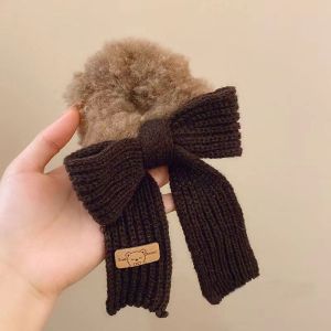 Ikat Rambut Pita Rajut Wol Solid Bowel Hair Rings Knitted Wool Bow Hair Tie Scrunchie IBPK001