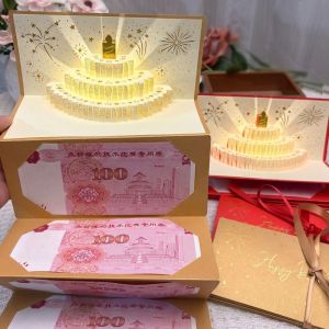 LUMIQLO Foldable Birthday Red Envelope Greeting Card 3D Pop-Up 6 Card Slots Years Money Red Envelope Gold-stamped Cover Musical Light Greeting Card Surprise Gift