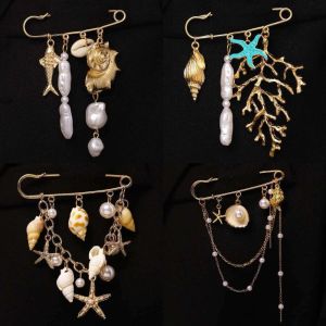 FLYING Metal Chain Tassel Shell Pendant Brooch Bead Embellished Gold Color Starfish Brooch Pin Fashion Retro Versatile Pin Imitation Pearl Brooch For Women