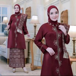 Promo Kebaya (FREE HIJAB) tunik tradisional etnik Payet Zig-Zag bahan satin bridle rok songket terbaru