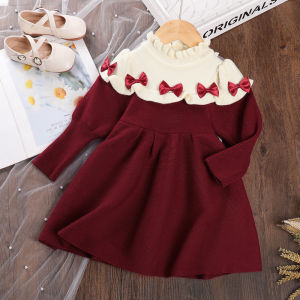 Bear Leader Childrens Knitted Clothing 2023 Autumn Winter Cute Bow Long Sleeve Dresses for 1-8 Years Baby Girls Pullover Sweater Xmas Princess Party Dress