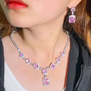 SEQUITO Brilliant Pink Princess Crystal Stone Setting White Gold Plated Wedding Long Square Drop Necklace and Earrings Jewelry Set for Women Pageant SJ259