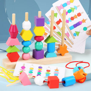 Đồ chơi gỗ rèn luyện kỹ năng giáo dục sớm montessori Xếp hình khối bằng gỗ vào cột chồng lên nhau theo thẻ hình gợi ý