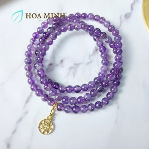 Vòng chuỗi 108 hạt đá Thạch Anh Tím Amethyst tự nhiên size hạt 5.5 li phối charm bạc xi vàng hình la bàn cao cấp | Hoa Minh Gem