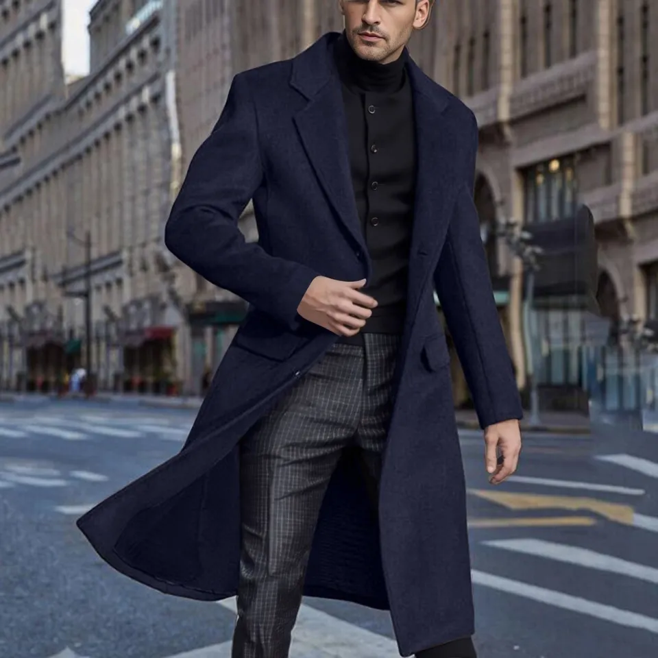 Mens navy 2024 long coat