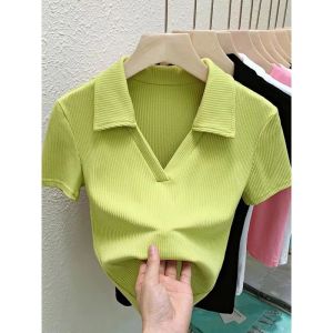 Premium Kaos Knit V-neck Baju Atasan Wanita Kasual Lengan Pendek Polos Rajut Croptop Korean Style
