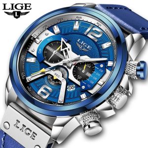 LIGE Men Watch Fashion Luxury Leather Chronograph Sport Watches For Men Date Waterproof Quartz Clock + Box