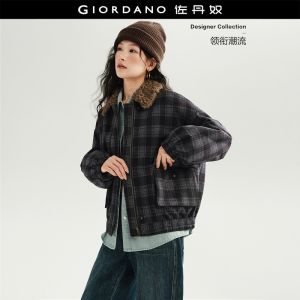 Giordano Women Spliced faux fur collar plaid padded jacket Free Shipping 18376913